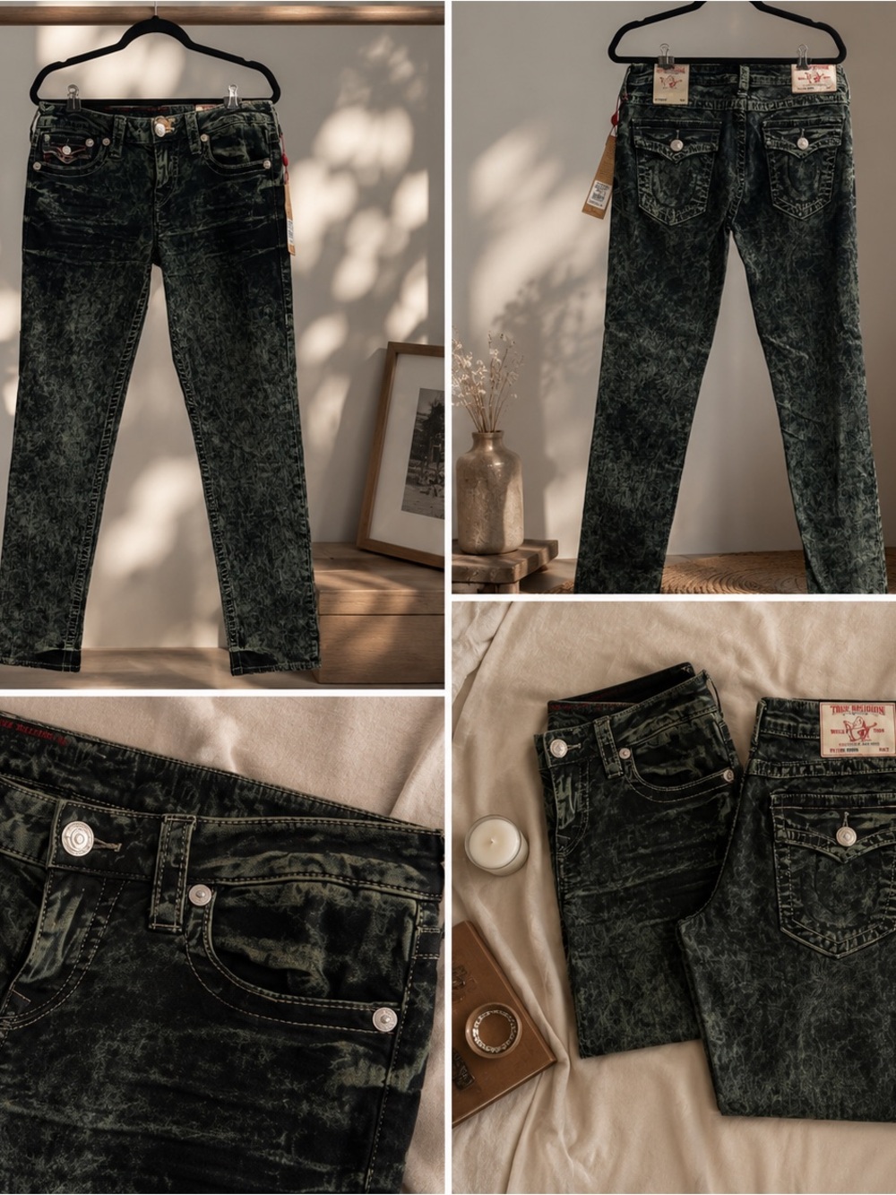 True Religion Women’s Skinny Jeans in Marbled Black-Green